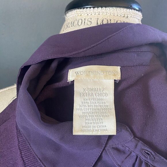 Worthington Women purple knit sweater with attached ruffled blouse insert - Picture 3 of 5